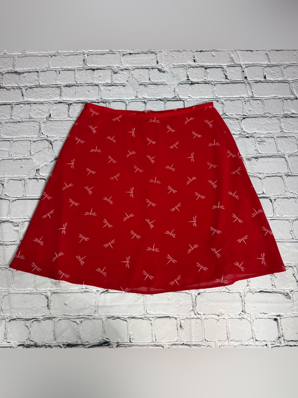 Vtg 90s Y2K New York & Company Red Dragonfly Print Chiffon A-Line Skirt Size L